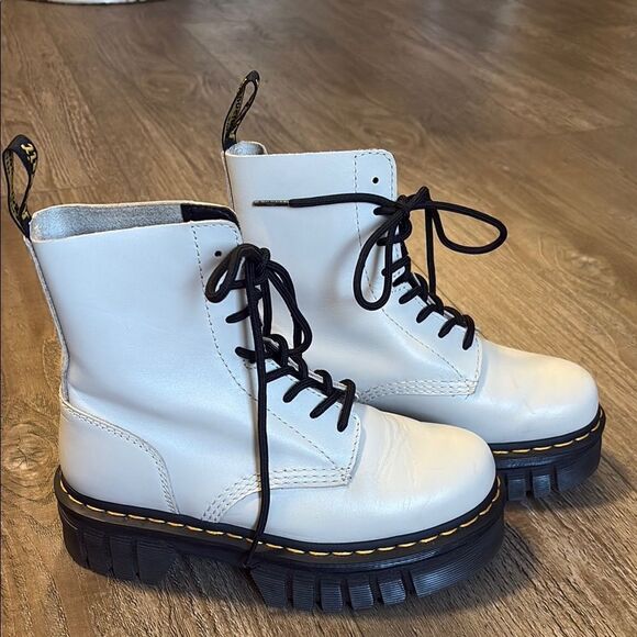 Dr. Martens Shoes - Dr Martens Audrick Nappa Leather Lux Platform Ankle Combat Boot Cobblestone Grey